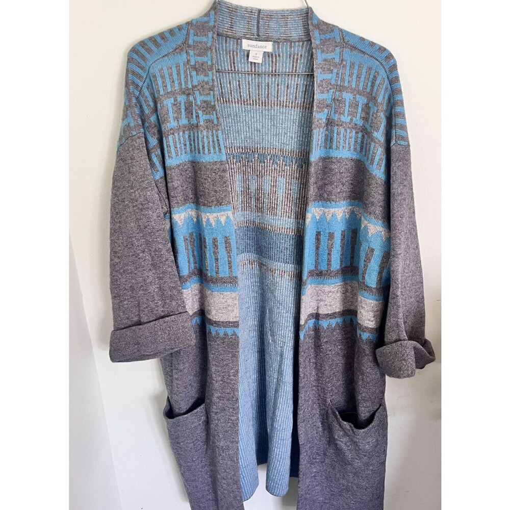 Sundance Fair Isle Open Front Long Cardigan Sweater Lambswool/Cashmere Sz Small